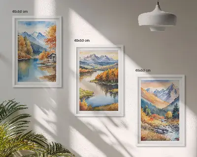 Sada 3 obrazů horské řeky s podzimními stromy