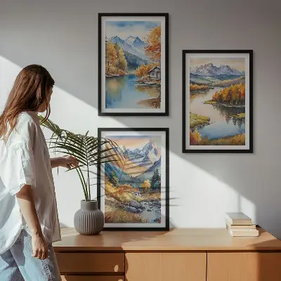 Sada 3 obrazů horské řeky s podzimními stromy