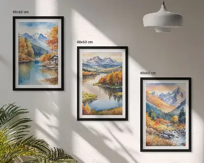 Sada 3 obrazů horské řeky s podzimními stromy