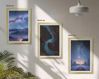 Sada 3 obrazů noční obloha s horskou zimní krajinou