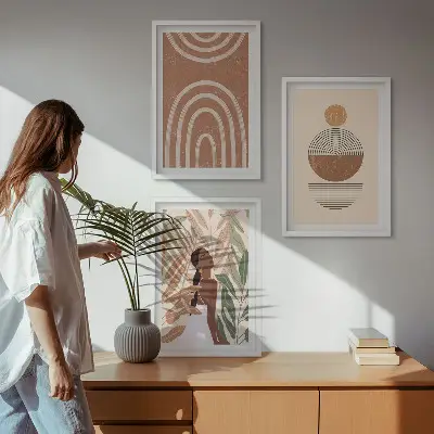 Sada 3 obrazů se stylovými rostlinnými vzory a geometrií