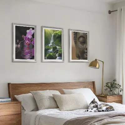 Sada obrazů do obývacího pokoje s motivem květin, vodopádu, Buddhy a zenové skály