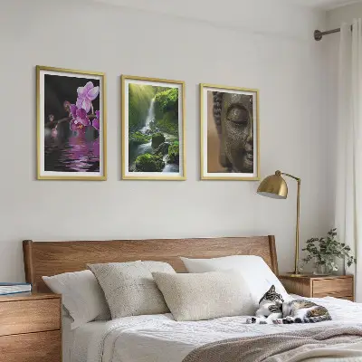 Sada obrazů do obývacího pokoje s motivem květin, vodopádu, Buddhy a zenové skály