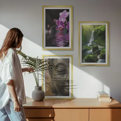 Sada obrazů do obývacího pokoje s motivem květin, vodopádu, Buddhy a zenové skály