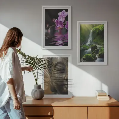 Sada obrazů do obývacího pokoje s motivem květin, vodopádu, Buddhy a zenové skály