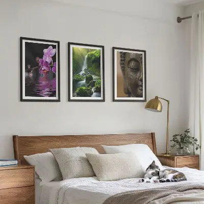 Sada obrazů do obývacího pokoje s motivem květin, vodopádu, Buddhy a zenové skály
