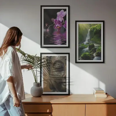 Sada obrazů do obývacího pokoje s motivem květin, vodopádu, Buddhy a zenové skály