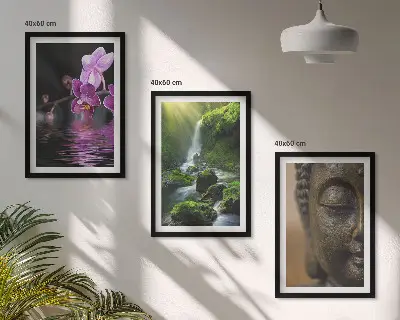 Sada obrazů do obývacího pokoje s motivem květin, vodopádu, Buddhy a zenové skály
