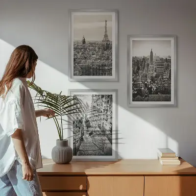 Sada 3 obrazů s motivem výhledů na Paříž a schodů v New Yorku