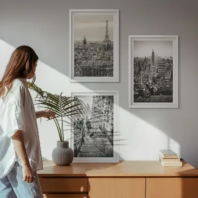Sada 3 obrazů s motivem výhledů na Paříž a schodů v New Yorku