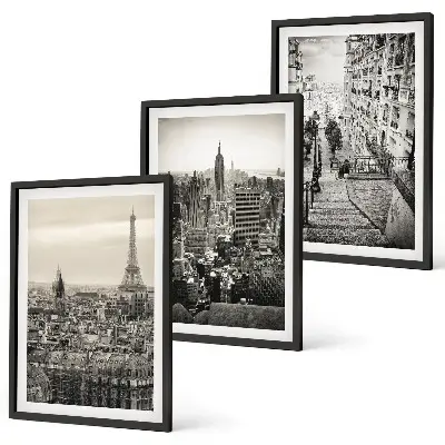 Sada 3 obrazů s motivem výhledů na Paříž a schodů v New Yorku