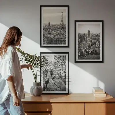 Sada 3 obrazů s motivem výhledů na Paříž a schodů v New Yorku