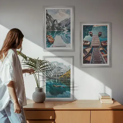 Sada obrazů do obývacího pokoje jezero s mosty a horami