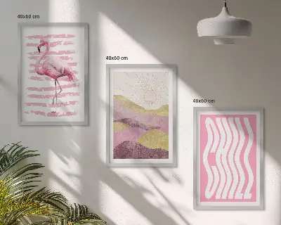 Sada obrazů do obývacího pokoje růžový plameňák v pastelové krajině