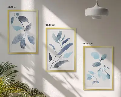Sada obrazů do obývacího pokoje akvarel s modrými listy