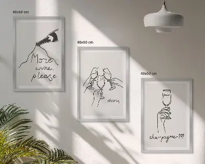 Sada 3 obrazů šampaňské víno v podobě perokresby