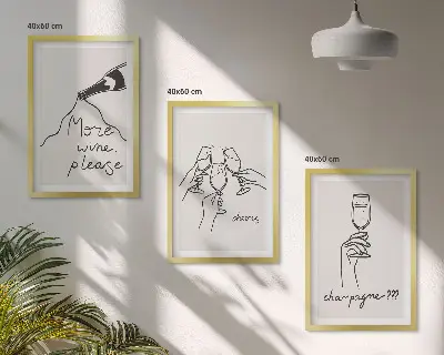 Sada 3 obrazů šampaňské víno v podobě perokresby