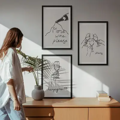 Sada 3 obrazů šampaňské víno v podobě perokresby