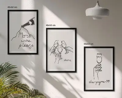 Sada 3 obrazů šampaňské víno v podobě perokresby