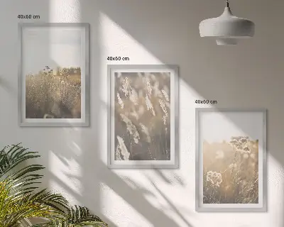Sada 3 obrazů krajina s trávou a květinami v teplých tónech