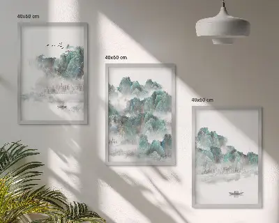 Sada obrazů do obývacího pokoje s motivem hor, mraků, ptáků a lodi ve stylu japandi