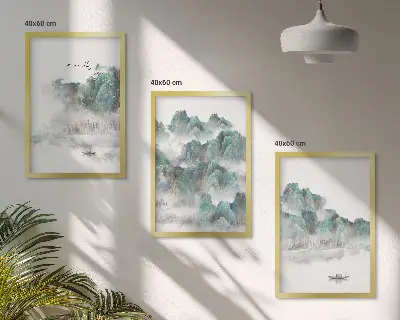Sada obrazů do obývacího pokoje s motivem hor, mraků, ptáků a lodi ve stylu japandi