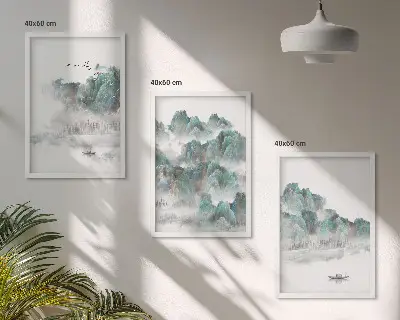 Sada obrazů do obývacího pokoje s motivem hor, mraků, ptáků a lodi ve stylu japandi