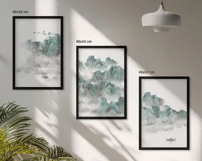 Sada obrazů do obývacího pokoje s motivem hor, mraků, ptáků a lodi ve stylu japandi
