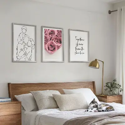 Sada obrazů do obývacího pokoje rodinné lineart růžové kytice