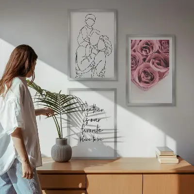 Sada obrazů do obývacího pokoje rodinné lineart růžové kytice