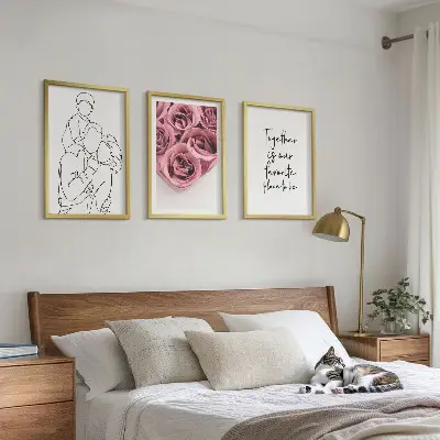 Sada obrazů do obývacího pokoje rodinné lineart růžové kytice