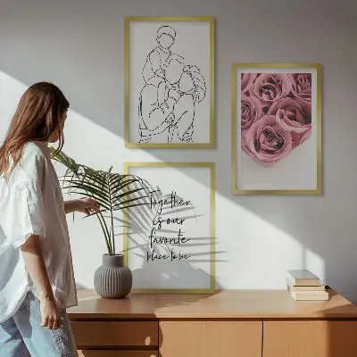 Sada obrazů do obývacího pokoje rodinné lineart růžové kytice