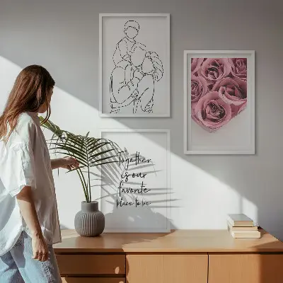 Sada obrazů do obývacího pokoje rodinné lineart růžové kytice