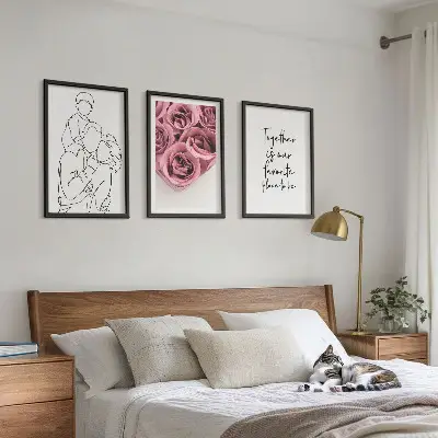 Sada obrazů do obývacího pokoje rodinné lineart růžové kytice
