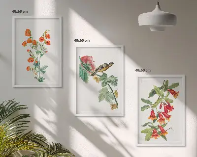 Sada obrazů do obývacího pokoje malované květiny s ptákem