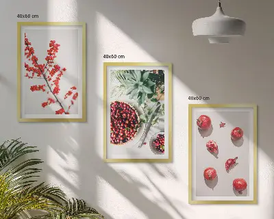 Sada obrazů do obývacího pokoje červené plody rostlin v minimalistickém stylu
