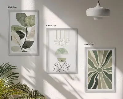 Sada 3 obrazů s rostlinnými motivy a geometrií v zelených tónech