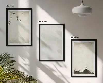 Sada obrazů do obývacího pokoje dekorace s motivem ptáků, kamenů a tahů štětcem