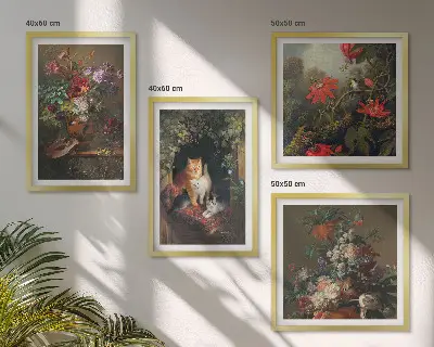 Dekorativní sada obrazů s motivem vintage květin a koček s rostlinami