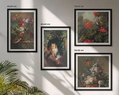 Dekorativní sada obrazů s motivem vintage květin a koček s rostlinami