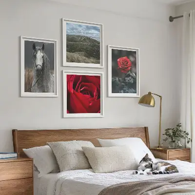 Moderní sada obrazů červené růže na šedém koňském pozadí