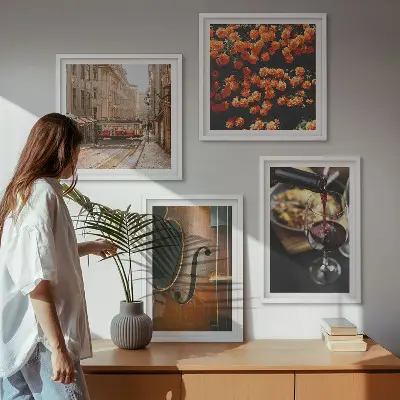 Moderní sada obrazů vintage květiny, pouliční víno a housle