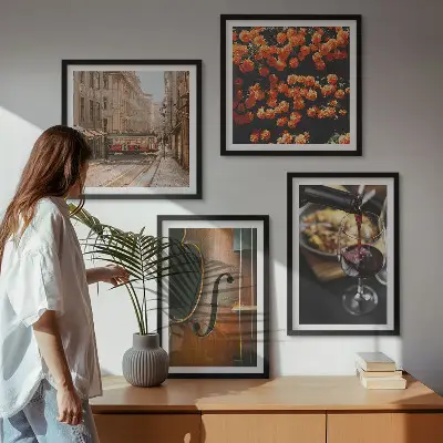 Moderní sada obrazů vintage květiny, pouliční víno a housle