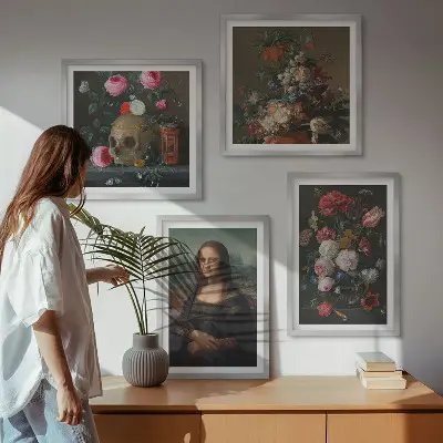 Moderní sada obrazů vintage s motivem květin, lebky a Mony Lisy