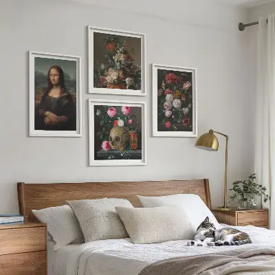 Moderní sada obrazů vintage s motivem květin, lebky a Mony Lisy