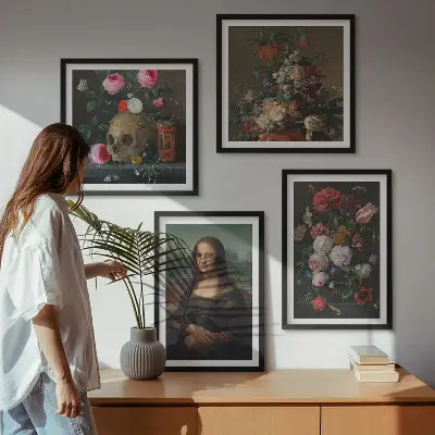 Moderní sada obrazů vintage s motivem květin, lebky a Mony Lisy