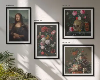 Moderní sada obrazů vintage s motivem květin, lebky a Mony Lisy