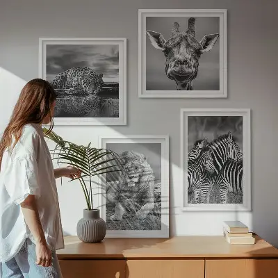 Moderní sada obrazů s motivem divokých zvířat jako je lev, jaguár, žirafa a zebry