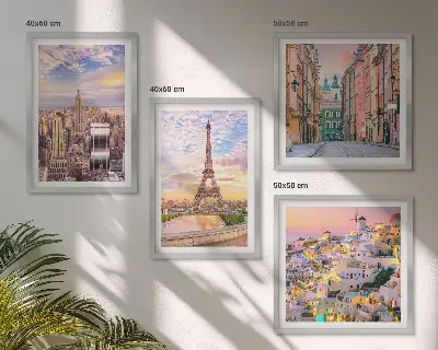 Moderní sada obrazů s motivem měst New York, Paříž, Oia a Varšava za soumraku