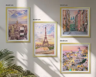Moderní sada obrazů s motivem měst New York, Paříž, Oia a Varšava za soumraku